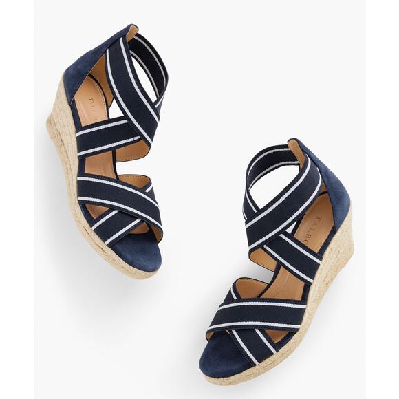 Talbots Women's 7 Navy Blue Stripe Lyndsay Espadrille Slip On Wedge Sandal - Picture 1 of 9